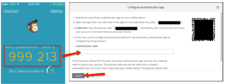 mailchimp google authenticator backup code